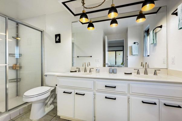 Bathroom, Dual Sink Vanities, Glass Shower, Interior, Pendant Lights