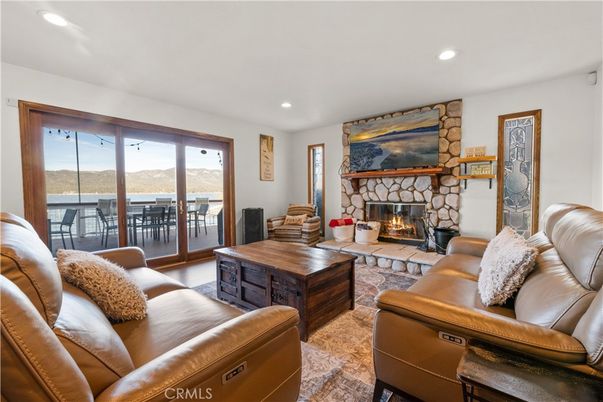 Dining room, Fireplace, Interior, Living room, Recessed Lighting, Stone Walls