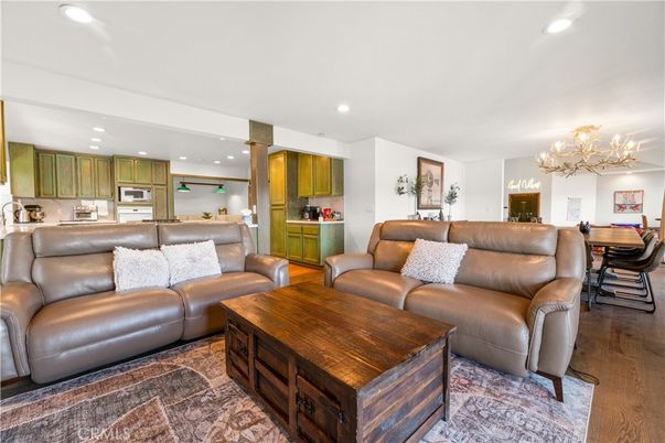 Chandelier, Dining room, Interior, Kitchen, Living room, Recessed Lighting, Wood Texture Flooring