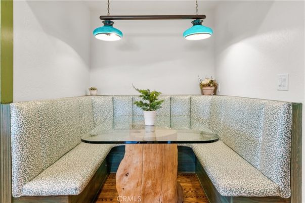 Dining room, Interior, Pendant Lights, Wood Texture Flooring
