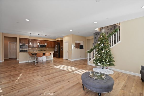Interior, Kitchen, Pendant Lights, Recessed Lighting, Stainless Steel Appliances, Stone Walls, Wood Texture Flooring