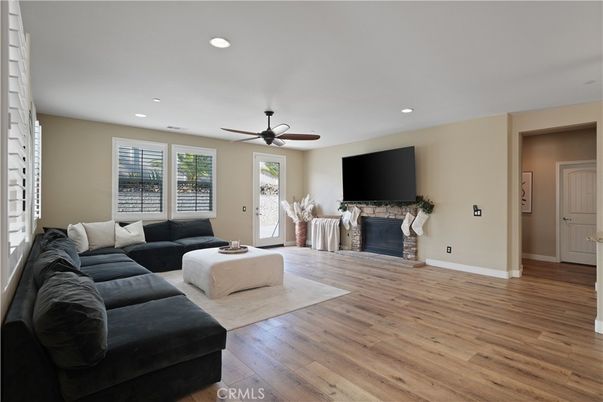 Fireplace, Interior, Living room, Recessed Lighting, Wood Texture Flooring