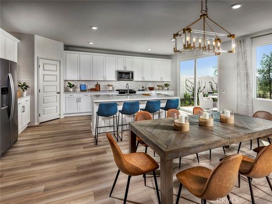 Dining room, Interior, Kitchen, Pendant Lights, Recessed Lighting, Stainless Steel Appliances, Wood Texture Flooring