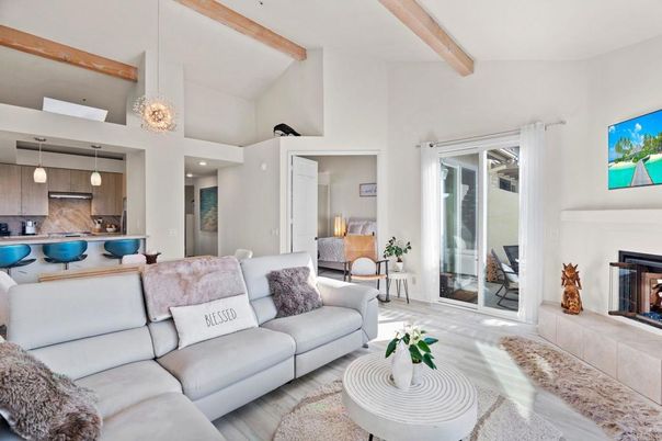Fireplace, Interior, Kitchen, Living room, Pendant Lights, Recessed Lighting, Wooden Beams