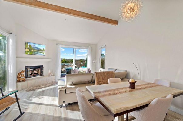 Chandelier, Dining room, Fireplace, Interior, Living room, Wooden Beams, Wood Texture Flooring