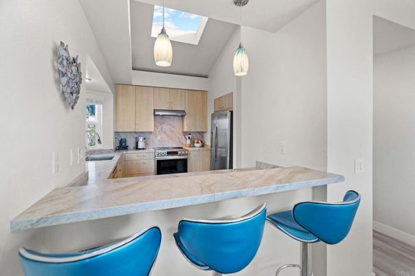Interior, Kitchen, Pendant Lights, Stainless Steel Appliances, Wood Texture Flooring