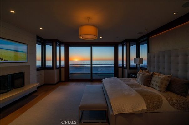 Bedroom, Fireplace, Interior, Recessed Lighting, Water, Wood Texture Flooring