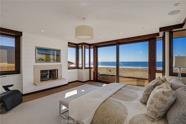 Bedroom, Fireplace, Interior, Recessed Lighting, Water, Wood Texture Flooring