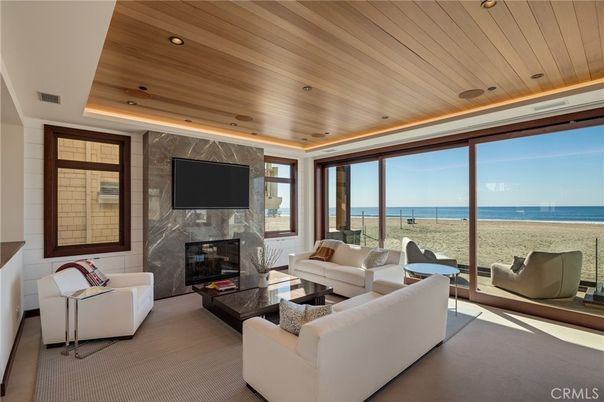 Fireplace, Interior, Living room, Recessed Lighting, Water, Wooden Ceilings