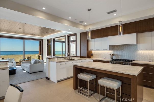 Interior, Kitchen, Living room, Pendant Lights, Recessed Lighting, Stainless Steel Appliances, Water, Wooden Ceilings