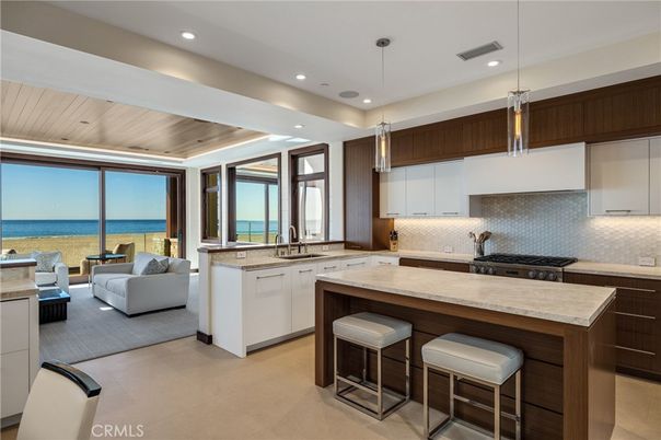 Interior, Kitchen, Living room, Pendant Lights, Recessed Lighting, Stainless Steel Appliances, Water, Wooden Ceilings