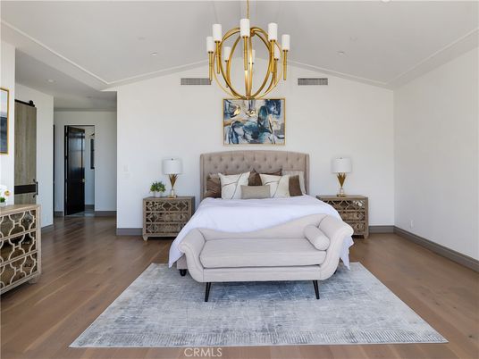 Bedroom, Chandelier, Interior, Recessed Lighting, Wood Texture Flooring