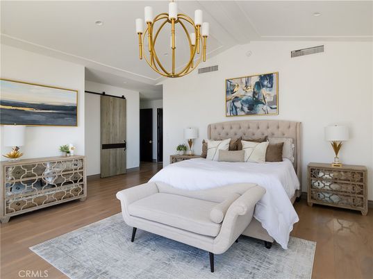 Bedroom, Chandelier, Interior, Recessed Lighting, Wood Texture Flooring