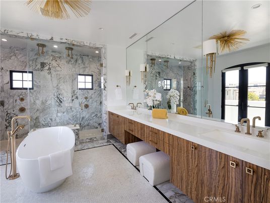 Bathroom, Dual Sink Vanities, Free Standing Baths, Glass Shower, Interior, Marble, Marble Walls, Recessed Lighting