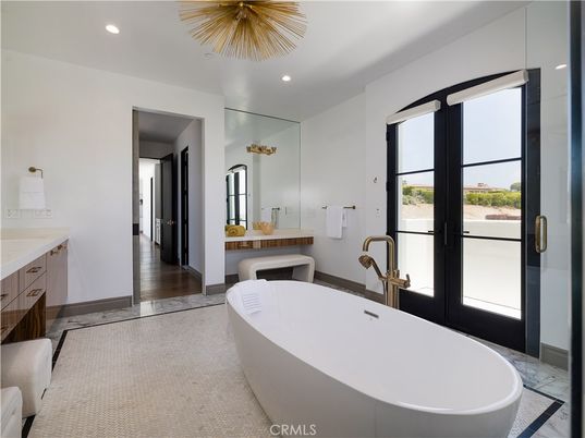 Bathroom, Dual Sink Vanities, Free Standing Baths, Interior, Recessed Lighting, Wood Texture Flooring