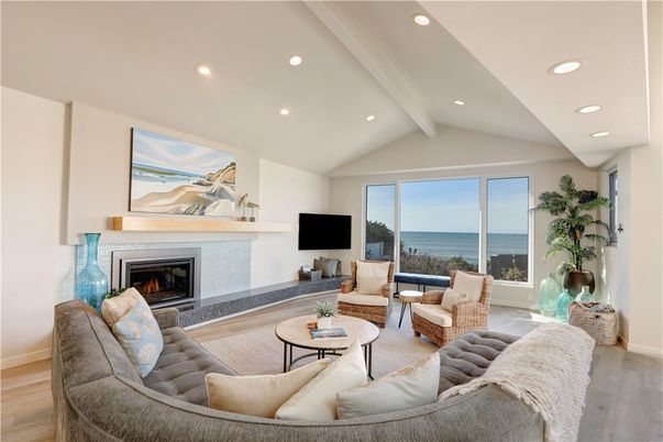 Fireplace, Interior, Living room, Recessed Lighting, Water, Wood Texture Flooring