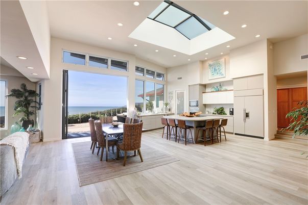Dining room, Interior, Kitchen, Recessed Lighting, Water, Wood Texture Flooring