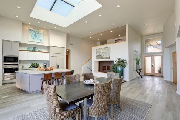 Dining room, Fireplace, Interior, Kitchen, Recessed Lighting, Wood Texture Flooring