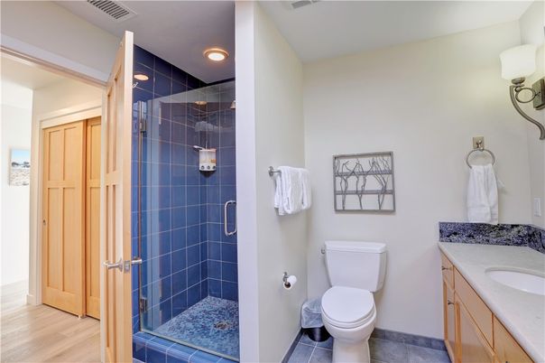 Bathroom, Glass Shower, Interior, Recessed Lighting, Wood Texture Flooring