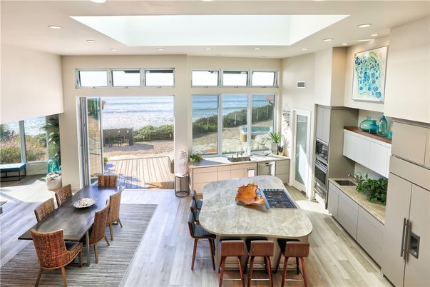 Dining room, Interior, Kitchen, Recessed Lighting, Stainless Steel Appliances, Water, Wood Texture Flooring