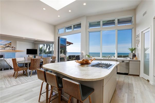 Dining room, Interior, Kitchen, Recessed Lighting, Stainless Steel Appliances, Water, Wood Texture Flooring