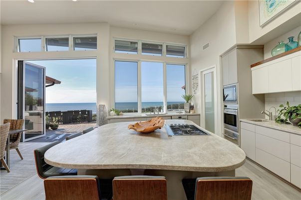 Dining room, Interior, Kitchen, Stainless Steel Appliances, Water, Wood Texture Flooring
