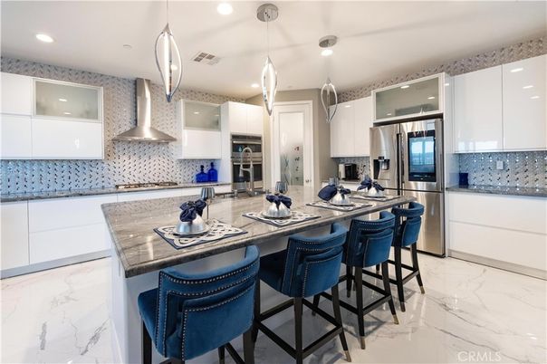 Interior, Kitchen, Marble, Pendant Lights, Recessed Lighting, Stainless Steel Appliances