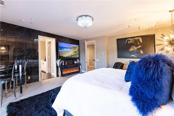 Bedroom, Fireplace, Interior, Marble Walls, Recessed Lighting