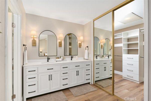 Bathroom, Dual Sink Vanities, Interior, Walk-in Closets, Wood Texture Flooring