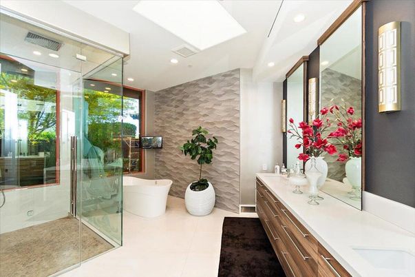 Bathroom, Dual Sink Vanities, Free Standing Baths, Glass Shower, Interior, Recessed Lighting, Stone Walls