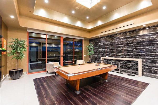 Billiard Table, Game Room, Interior, Recessed Lighting, Wood Texture Flooring