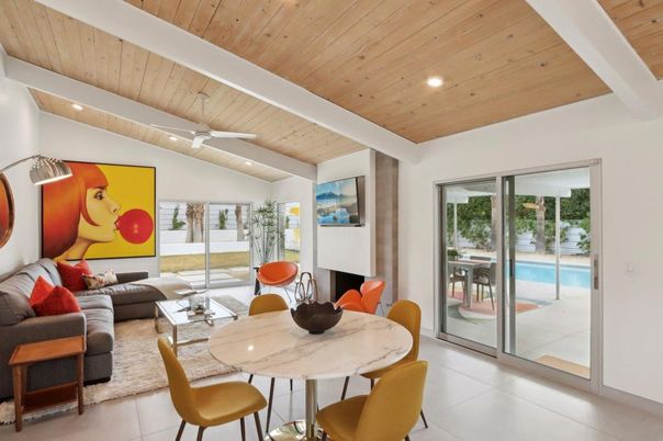 Dining room, Fireplace, Interior, Living room, Recessed Lighting, Wooden Ceilings