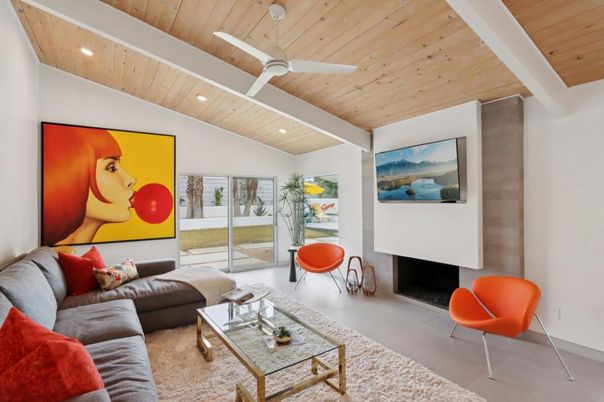 Fireplace, Interior, Living room, Recessed Lighting, Wooden Ceilings