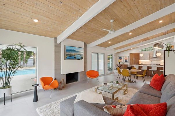 Dining room, Fireplace, Interior, Kitchen, Living room, Pendant Lights, Recessed Lighting, Wooden Ceilings