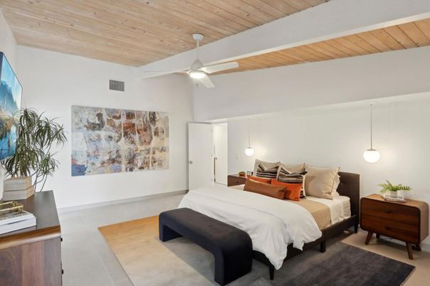 Bedroom, Interior, Pendant Lights, Wooden Ceilings