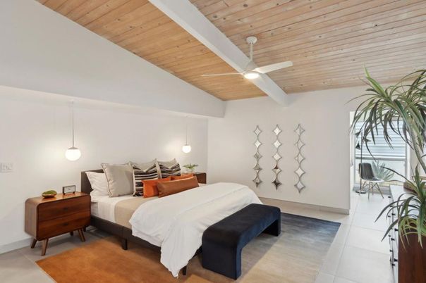 Bedroom, Interior, Pendant Lights, Wooden Ceilings