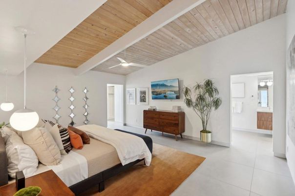 Bedroom, Interior, Pendant Lights, Wooden Ceilings