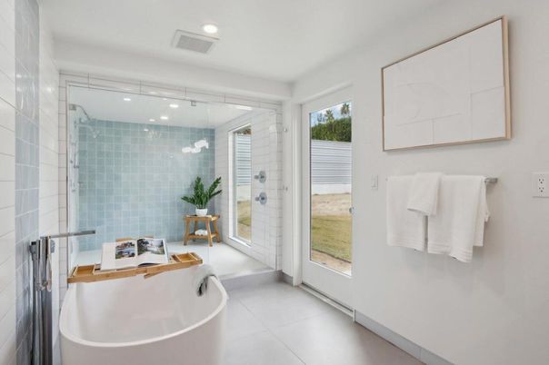 Bathroom, Free Standing Baths, Glass Shower, Interior, Recessed Lighting