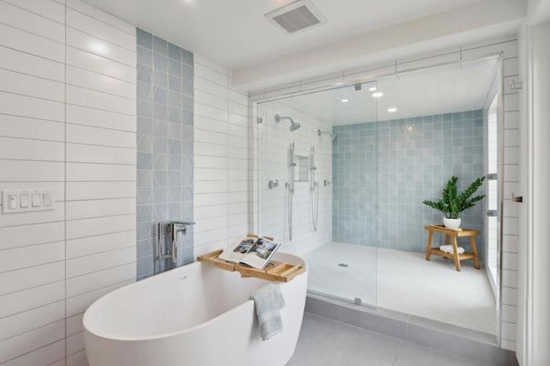 Bathroom, Free Standing Baths, Glass Shower, Interior, Recessed Lighting