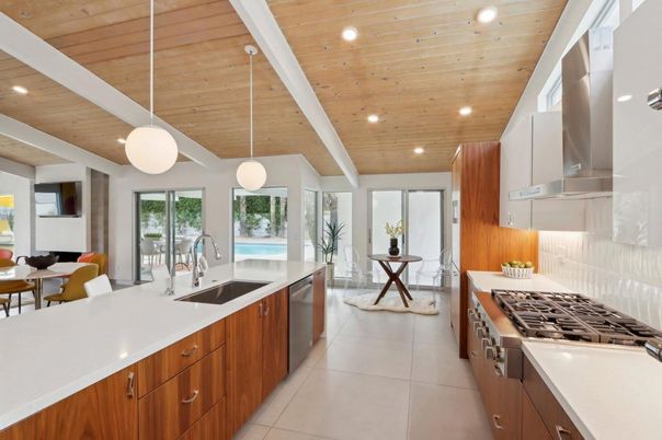 Dining room, Interior, Kitchen, Pendant Lights, Recessed Lighting, Stainless Steel Appliances, Wooden Ceilings