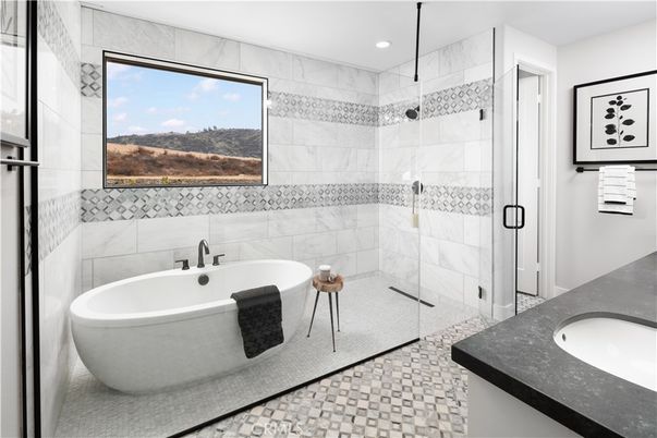 Bathroom, Free Standing Baths, Glass Shower, Interior, Recessed Lighting