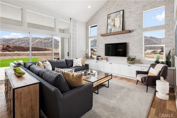 Interior, Living room, Recessed Lighting, Stone Walls, Wood Texture Flooring