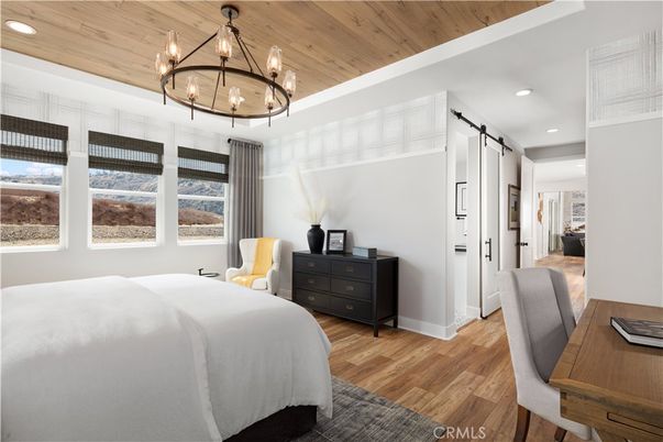 Bedroom, Chandelier, Interior, Recessed Lighting, Wooden Ceilings, Wood Texture Flooring