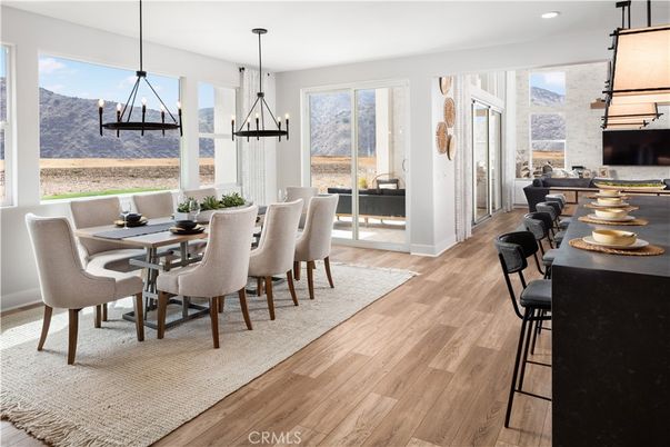 Chandelier, Dining room, Interior, Pendant Lights, Recessed Lighting, Wood Texture Flooring