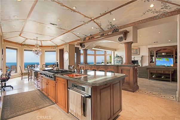 Chandelier, Fireplace, Interior, Kitchen, Recessed Lighting, Stainless Steel Appliances, Water