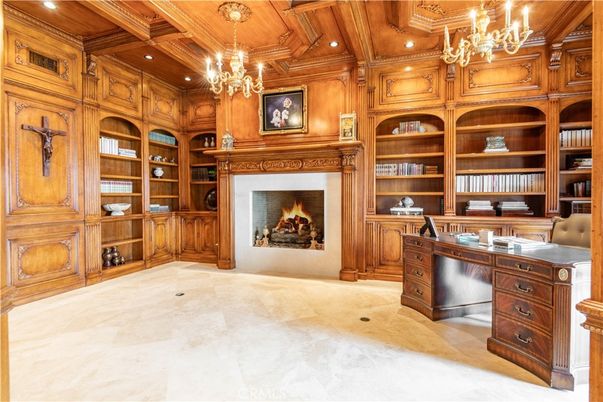 Chandelier, Fireplace, Home Office, Interior, Recessed Lighting, Wooden Beams, Wooden Ceilings, Wooden Walls