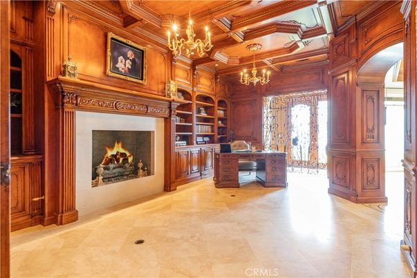 Chandelier, Fireplace, Home Office, Interior, Wooden Beams, Wooden Ceilings, Wooden Walls