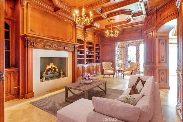 Chandelier, Fireplace, Interior, Living room, Wooden Beams, Wooden Ceilings, Wooden Walls