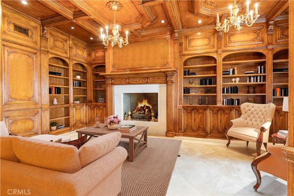 Chandelier, Fireplace, Interior, Living room, Recessed Lighting, Wooden Beams, Wooden Ceilings, Wooden Walls