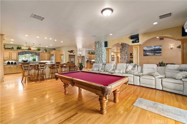 Billiard Table, Game Room, Interior, Kitchen, Living room, Pendant Lights, Recessed Lighting, Stone Walls, Wood Texture Flooring